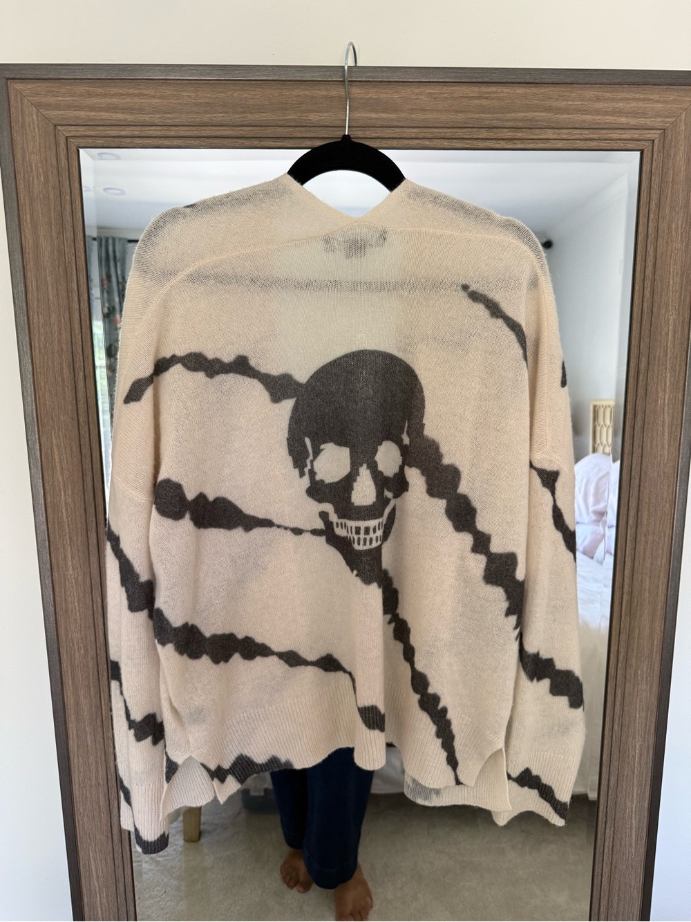 Skull Cashmere Beige Cardigan Sweater with Dark Skull Motif